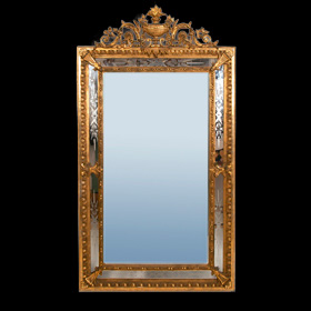 Espejo Veneciano con marco talla, dorado oro fino. Espejo grabado. S. XIX