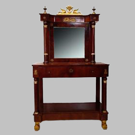 Империя консоли с зеркалом красного дерева, с базовыми колоннами и столицами из слоновой кости и с золотым резным орнаментом с мелким золотом. C.1800.