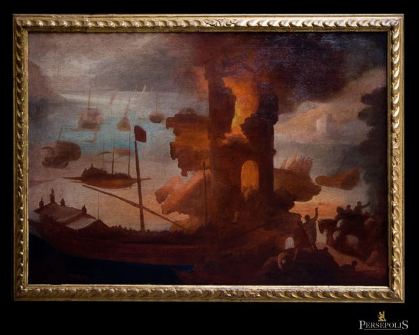Puerto con barcos y personajes a caballo. "Pintor loco" Miquel Bestard, (1592-1633)