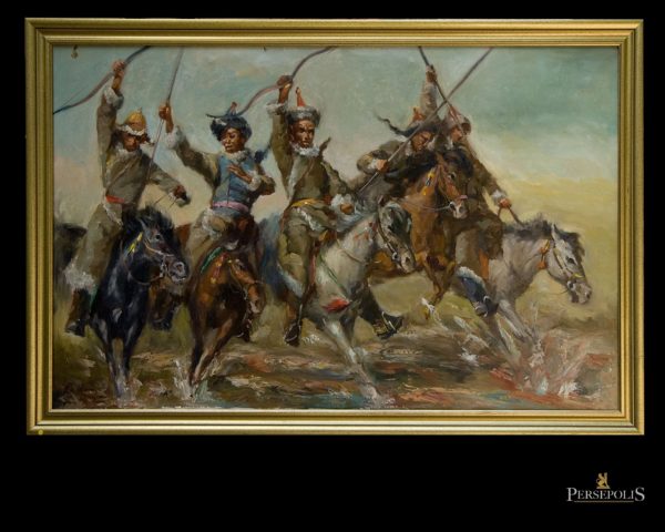 Óleo sobre tela: Guerreros mongoles. P. Wong