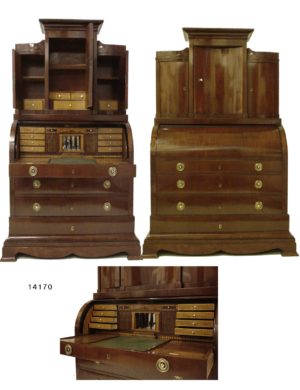 Buró Librería Biedermeier de caoba, tapa cilindro, interior marquetería arquitectónica y parte superior abombada. C.1800