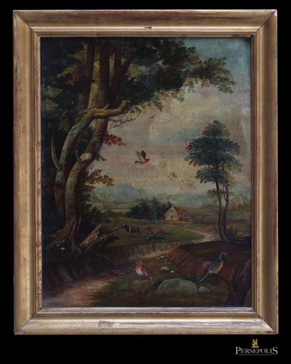 Óleo sobre cobre: Paisaje, árbol grande a la izquierda, al fondo casa y dos vacas. En primer plano pajaritos. S. XVIII