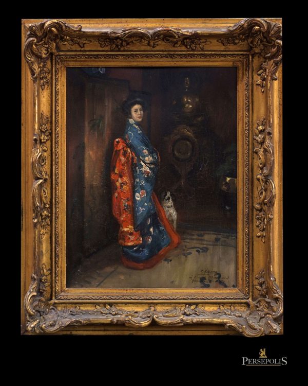 Óleo sobre tabla: Representa "Geisha". Firmado P. Ribera, 1923. Con dedicatoria a Machard Yokahama. Pierre Ribera, 1867 - 1932
