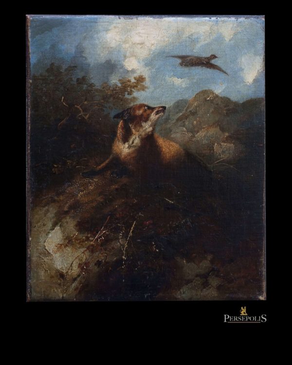 Óleo sobre tela: Lobo mirando un águila y montañas. Sin firma, en el dorso pone que es de George Stanfield.