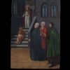 Óleo sobre tabla: Tres Hombres con túnicas verde, roja y negra, delante de una escalera