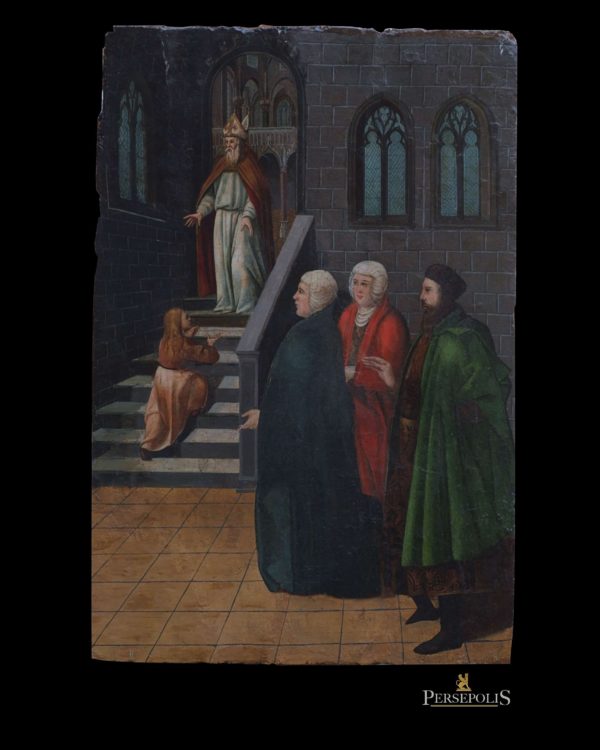 Óleo sobre tabla: Tres Hombres con túnicas verde, roja y negra, delante de una escalera