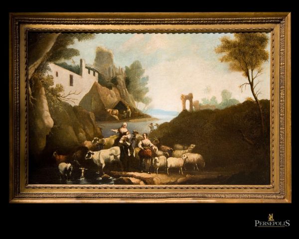 Óleo sobre tela: Escena bucólica, mujeres junto al lago con vacas, ovejas y árboles en primera línea. S. XVIII.