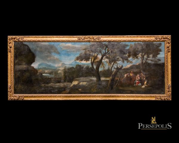 Óleo sobre tela: Huida de Egipto con paisaje de árboles. S. XVII - XVIII. Guillem Mesquida