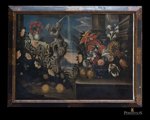 Óleo sobre tela: Bodegón, con fuente y cesto con flores. Mallorca, S. XVII