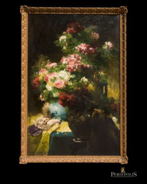 Óleo s/tela: Jarrón con flores y mascara. Georges Jeannin, 1867