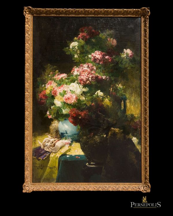 Óleo s/tela: Jarrón con flores y mascara. Georges Jeannin, 1867