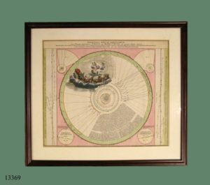 Grabado iluminado: Venus, Mercurio y galera con tres personajes tirada por seis caballos. S. XVIII