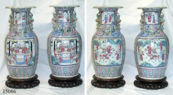 Pareja Jarrones Chinos de cerámica Cantón Famille Rose. S. XVIII