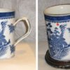 Jarra de cerámica con asa doble cruzada, blanca y azul. China, S. XVIII
