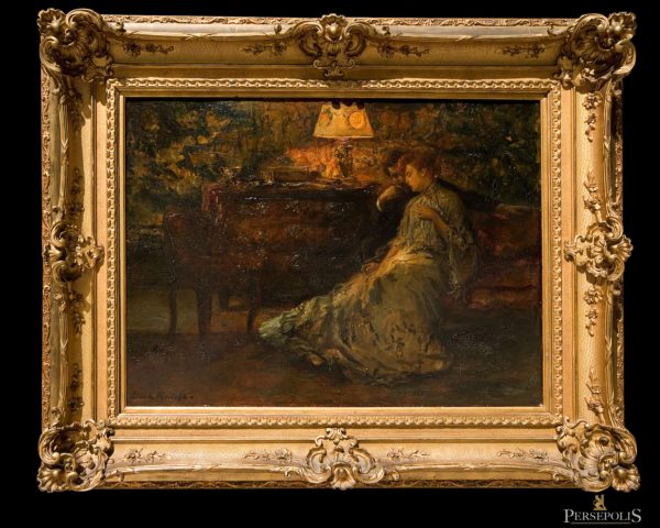 Óleo sobre tela: Señora y Caballero sentados en un sofá, al lado de una cómoda. Fdo. Albert Roelofs (1877-1920)