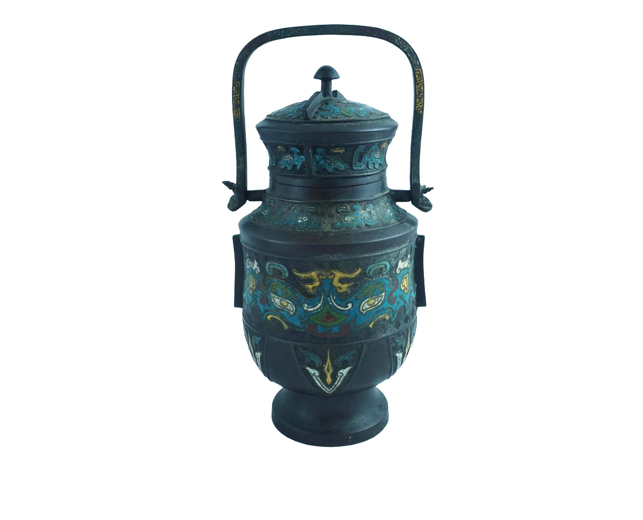 Jarrón Chino de Metal Esmaltado Cloisonné con Tapa y Asa – Siglo XVII