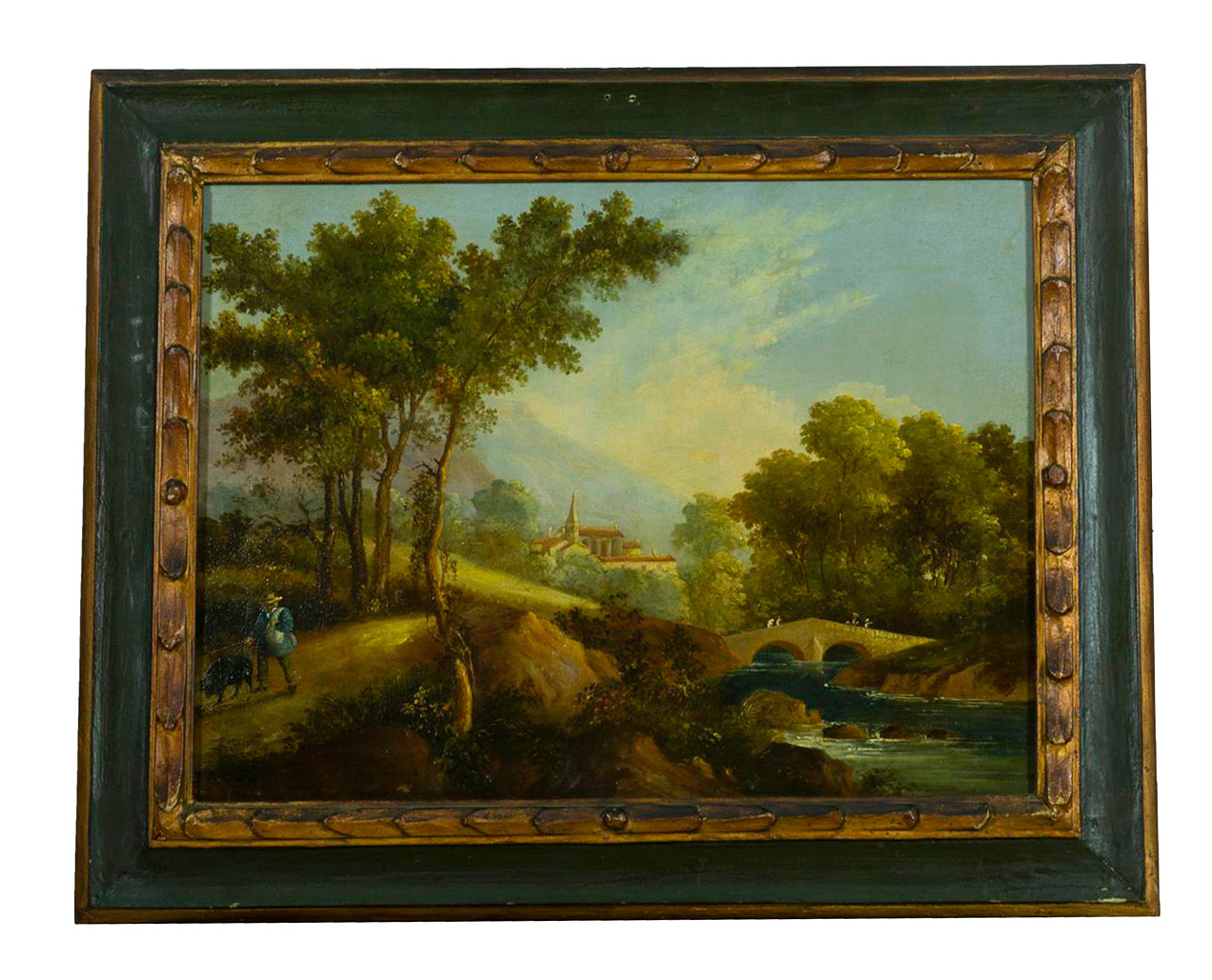 Pareja de Óleos – Paisajes con Aldeanos y Montañas (Siglo XIX)