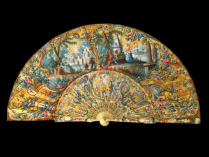 Abanico del Siglo XVIII con Varillas de Marfil y Nácar – Pintura de Jean Antoine Watteau, 1720