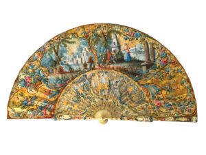 Abanico del Siglo XVIII con Varillas de Marfil y Nácar – Pintura de Jean Antoine Watteau, 1720