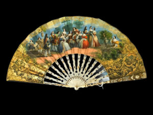 Abanico Luis XVI con Varilla de Nácar y Oro Fino – Escena de la Corte, Siglo XVIII