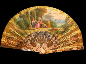 Abanico Luis XVI con Varillas de Nácar y Oro Fino – Escena de la Reina y los Súbditos, Siglo XVIII