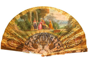 Abanico Luis XVI con Varillas de Nácar y Oro Fino – Escena de la Reina y los Súbditos, Siglo XVIII