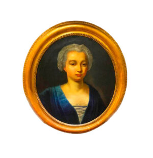 Oil on canvas, portrait of a lady with her hair tied back.