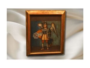 Óleo sobre tela, Arcángel guerrero con escudo y vara en la mano.