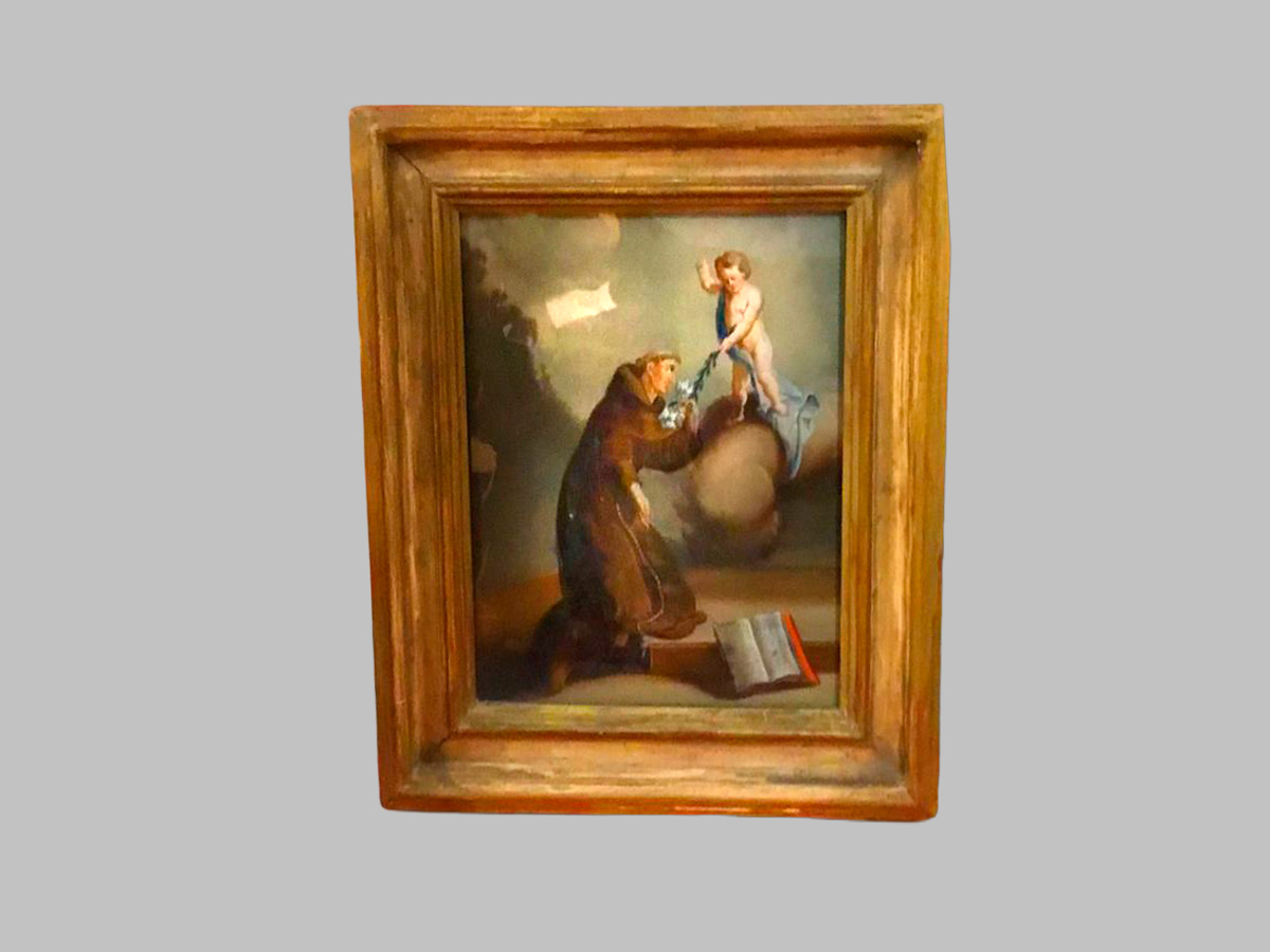 Cristal pintado representando Santo y Niño Jesús