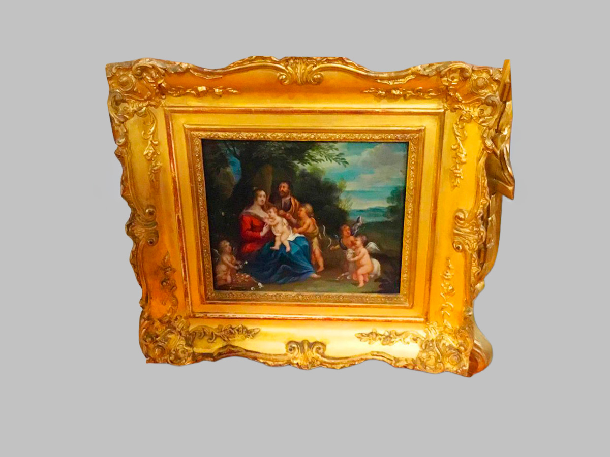 Óleo sobre tabla representando la Sagrada Familia con ángeles