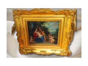 Oil on panel depicting the Holy Family with angels under a tree.