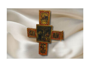 Oil on panel in the form of a cross.