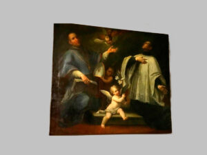Óleo sobre tela, representando a un Religioso con clérigo, un Obispo y Angeles.