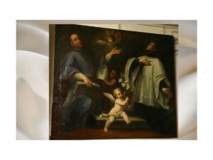 Oil on canvas depicting a religious figure with a cleric, a bishop, and angels.