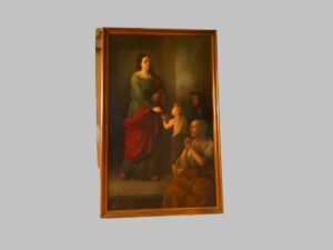 Óleo sobre tela: Figura de Santa Isabel, un niño y un anciano.