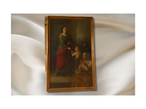 Oil on canvas: Figure of Saint Elizabeth giving alms to a child and an old man.