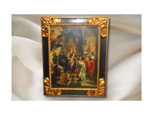 Óleo sobre tela Virgen con el Niño, sentada sobre un trono con muchos personajes y ángeles.