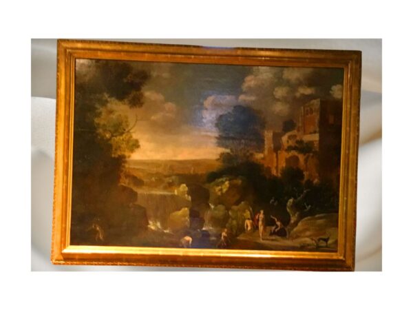 Óleo sobre tabla Paisaje Diana Cazadora con sus ninfas en el río después de la caza.