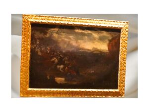 Óleo sobre tela Batalla con soldado caído, 2 caballos blancos con guerreros y caballo negro.