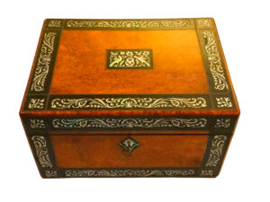 Walnut roots desk box with mother-of-pearl inlays.