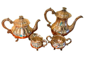 Silver tea set, teapot, coffee pot, milk jug, and sugar bowl, EPNS Denmark, 20th century.