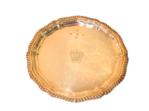 Silver circular polygonal serving tray, Victorian English.