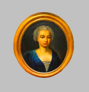 Oil on canvas, portrait of a lady with her hair tied back.