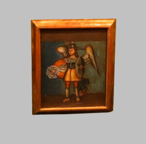 Oil on canvas, Warrior Archangel with shield and staff in hand.