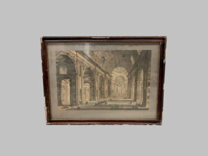 Grabado Iluminado del Interior de un Templo – Siglo XIX