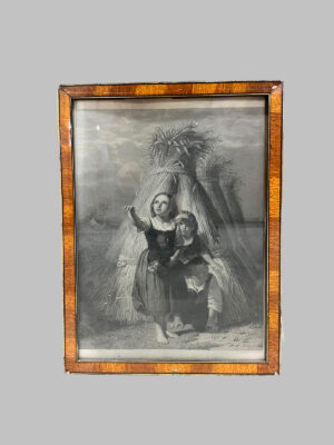 Grabado de Tres Niños ante un Haz de Trigo con Marco